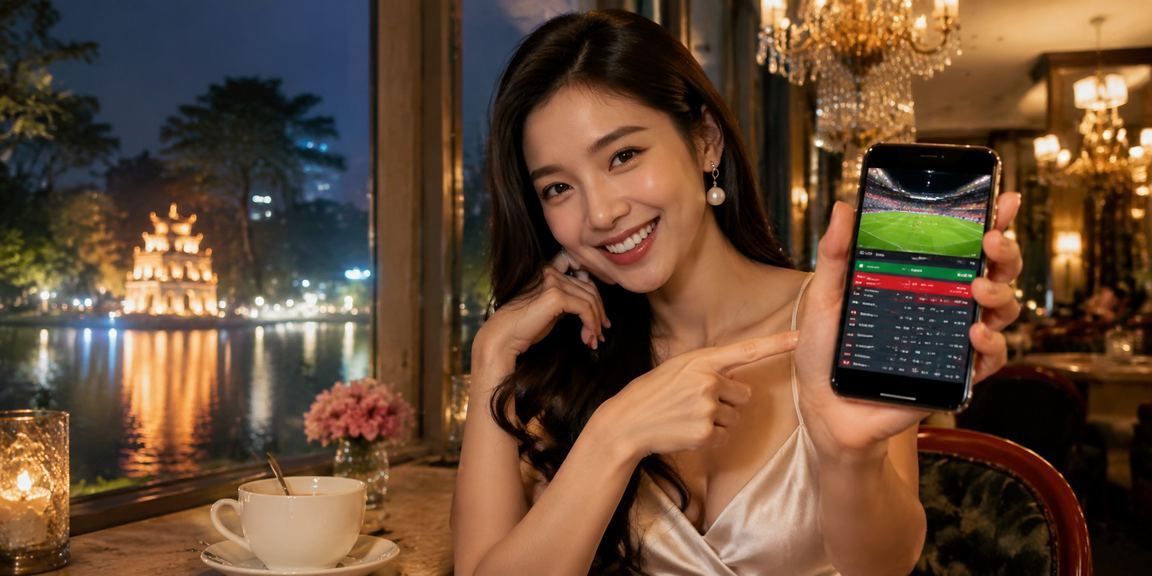 Người dùng tại Hà Nội xem kèo thể thao trực tuyến trên điện thoại bên ly cà phê sáng