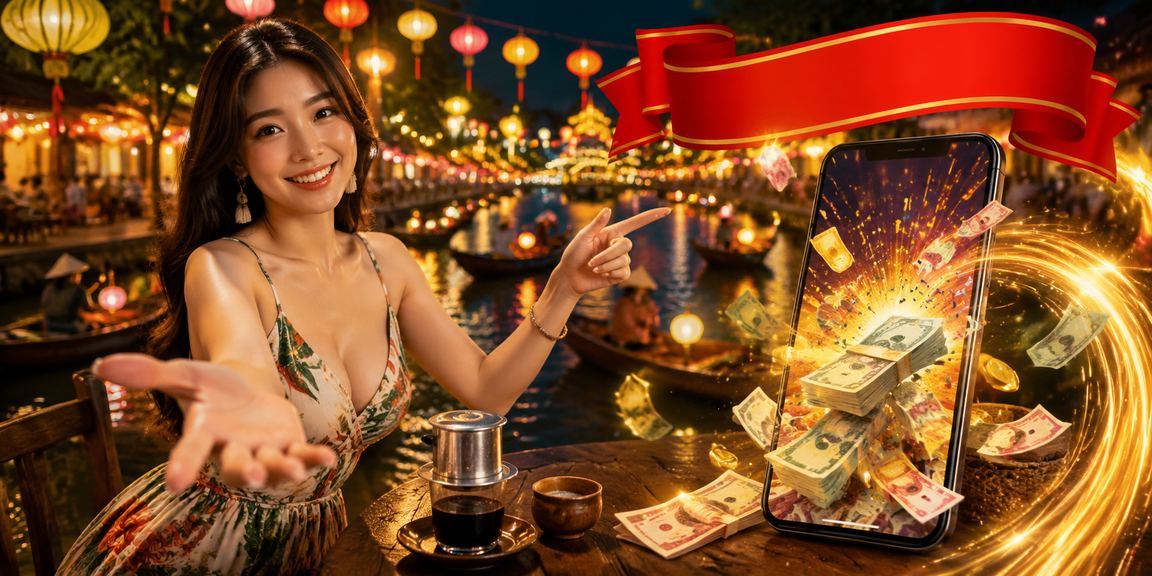 Khách hàng tại Hội An kiểm tra cashback VIP trong lúc thưởng thức cà phê buổi sáng